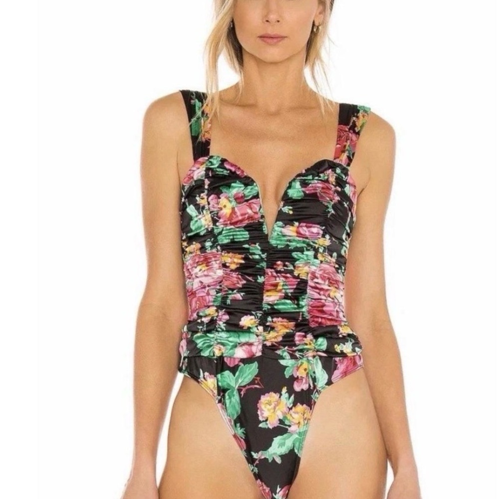 For Love And Lemons Black Floral Ruched Bodysuit